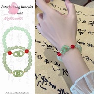 Vintage Imitation Jade Glass Beaded Bracelet - Double Ring Interlocking Bangle - Delicate Stretchabl