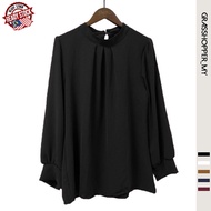 🇲🇾 READY STOCK Women Muslimah Plain Ironless Viral Blouse Plus Size Long Sleeve Round Neck Baju Kemeja Shirts