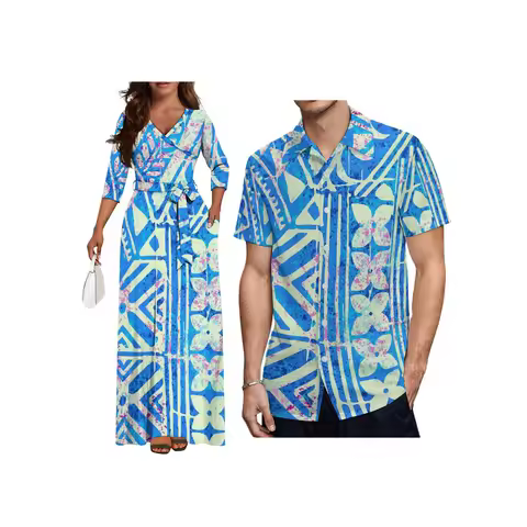 High Quality 2024 New Polynesian Tribe Design Plus Size Long Dress Samoan Fijian V-Neck Temperament 