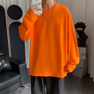 เสื้อยืดผู้ชายสีส้ม Oversize สไตล์เกาหลีแขนยาวแฟชั่นท็อปส์ลำลองพื้นฐานธรรมดาเสื้อยืด