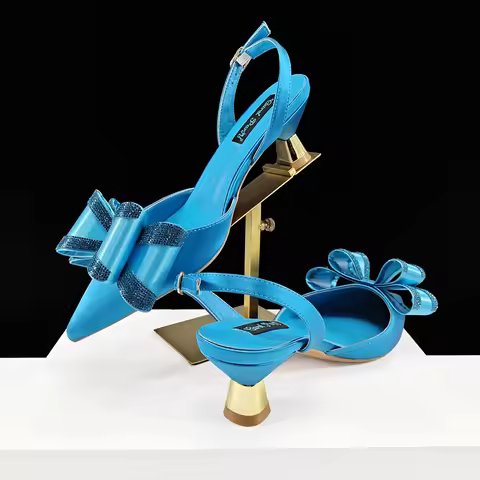 Queena Yan Italian Design Butter-fly Design Party Wedding Pointed Toe Slingback Sandals in Sky Blue 