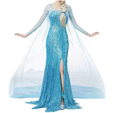 Frozen Elsa Princess Long Dress Sequin Mesh Elsa Costume Adult Snow Queen Costume Party Dress Hallow