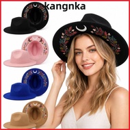 KANGNKA Wide Brim Fedora Hat, Bohemian Style Butterfly and Moon Print Felt Fedora Hat, Creative Flor