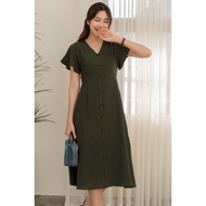 (R 3-5) ACW Button Panel Flutter Sleeve Flowy Midi Dress in Olive