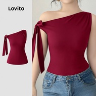 Lovito Casual Tshirt Lace Up Spring/summer Black Tshirt for Women LK2ED131 Lovito Baju-t Kasual Bert