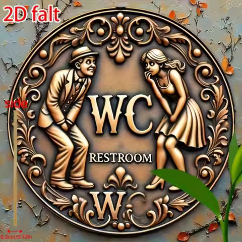 2D Flat Vintage Round Wooden Toilet Sign - 2D Wall Art, Easy to Hang, Home Kitchen Bathroom Hotel Of