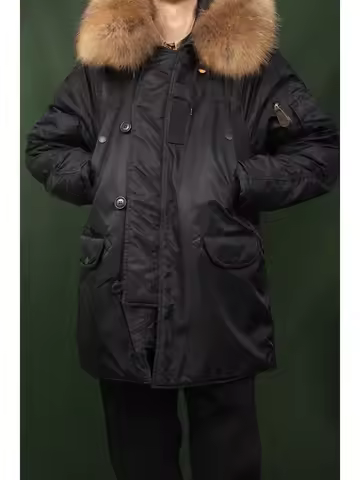 N3B Parka Mid Long Hooded Cotton Parka Flight Jacket Warm Winter Coat Detachable Raccoon Fur Collar