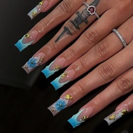3D French Style Wearing Nails Long Flower Bow Flashing Diamonds Manicure Nails Light Luxury Fake Nai