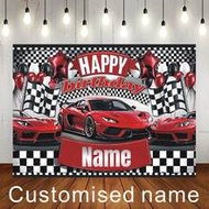 Customizable Name Cool Racing Champion Birthday Banner With Black And White Flag Balloon Design And 