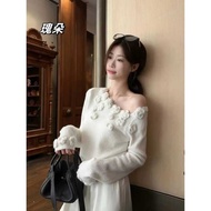 Off Shoulder Short Sweater Mujer JERSEY Jumper Winter Women's Clothing Sueter 3D Flower Knitted