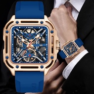 Lige นาฬิกาผู้ชายดีไซน์แบบกลวงนาฬิกาข้อมือควอทซ์สี่เหลี่ยมเรืองแสงแสดงวันที่อัตโนมัติ5ATM ผู้ชายกันน้ำซิลิโคนผู้ชาย