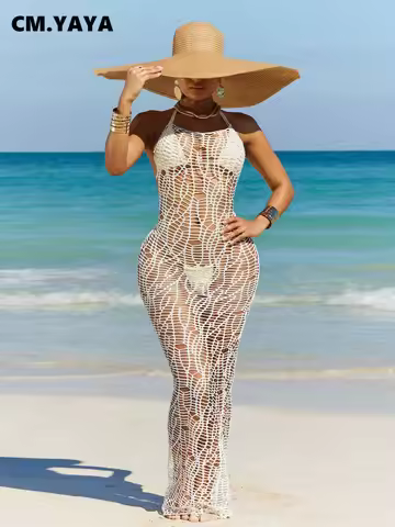 CM.YAYA Women Halter Crochet Sleeveless Long Maxi Dress Bra+underwear 3 Pcs Knit Hollow Out Beach Ho