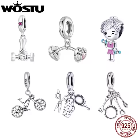 WOSTU 925 Silver Sports & Life Series Love barbell Yugo Girl Pendant Haircut Cooking Set Bead Fit DI