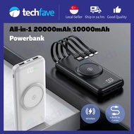 [SG] TechFave All-In-1 Powerbank 20000mAh/10000mAh Wireless Charging, Built-in Cables Lightning/Type C/Micro USB LED