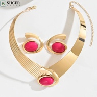 SHCER Necklace Earrings Set, Black/Blue/Rose Pink Exaggerated Geometric Jewelry Set, Temperament Ova