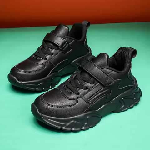 Children's Running Shoes, Boys' Black Casual Sports Shoes, Leather Waterproof Outdoor Shoes