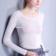 เสื้อตัวในผ้าตาข่ายซีทรูสีดำสำหรับผู้หญิงเสื้อซีทรูแขนยาวผ้ายืดสุดเซ็กซี่แบบบางเสื้อยืดคอ U ด้านหน้า