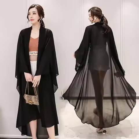 2026 Women Summer Long Sleeve Cardigan Beach Long Shawl Korean Fashion Black Chiffon Jacket Long Car