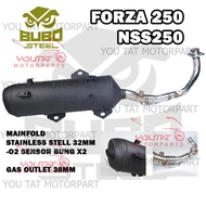 BUBO STEEL HONDA FORZA 250 NSS250 RACING EXHAUST BACK PRESSURE LOW NOISE 32MM WITH O2 SENSOR CUTTING