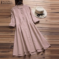 ZANZEA Women Vintage Plus Size Plain A-Line Button Down Dress