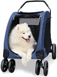 Pet Strole Jogger Stroller For Large Pet Cats And Dogs, Pet Trolley With 4 Wheels And Safety Rope, Up To 50kg (Color : Blue)