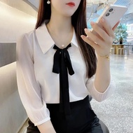 Fashion chiffon blouse Women's all-match three-quarter sleeve top Korean bow shirt