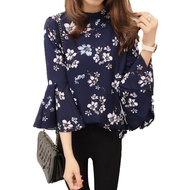 Women Fashion Floral Pattern Chiffon Blouse Baju Blaus Berbunga Wanita