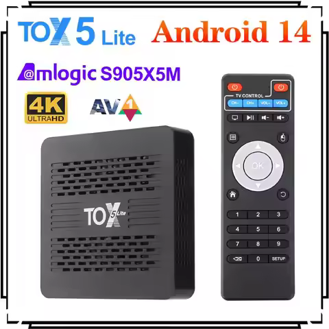 TOX5 Lite Android 14 Smart TV Box 2GB 32GB S905X5M Dual Wifi 1000M LAN BT4.1 4K 60fps DLNA Media Pla