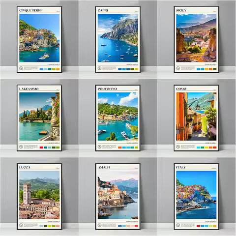 Italy Travel Scenery Poster Sicily Calabria Lake Como Florence Rome Portofino Canvas Painting Wall A