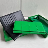 Bv Braided Cowhide Large Grid Diamond Half Fold Long Wallet Men Women Wallet Genuine Leather Long Wa