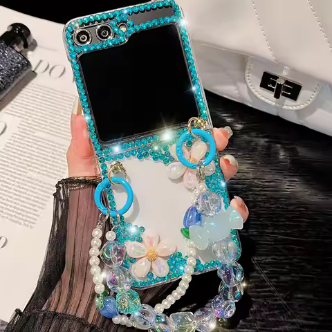 For Motorola Razr 50 60 2024 40 Moto Razr40 Ultra Luxury Cute Pearl Diamond Crystal Glitter Wrist Ph