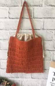 手作純棉編織流蘇包/肩背包/海灘包/購物袋(附內袋)~愛馬仕橘