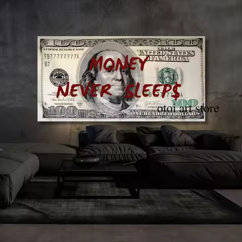 Money Never Sleeps Inspirational 100 Bill Dollar art poster canvas painting Wall Prints Picture offi