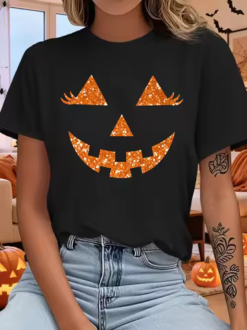 Halloween Women T Shirt Glitter Pumpkin Face Tee Jack O Lantern Eyelash Print Short Sleeve O Neck To