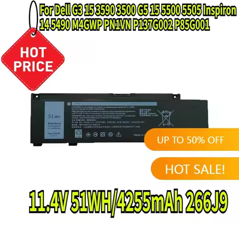 11.4V 51WH/4255mAh 266J9 Laptop Battery for Dell G3 15 3590 3500 G5 15 5500 5505 Inspiron 14 5490 M4