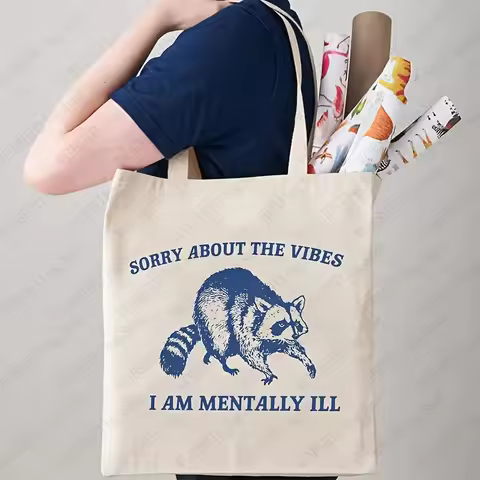 Sorry about The Vibes Raccoon Pattern Tote Bag Trendy Folding Canvas Shoulder Bags Cute Raccoon Wome