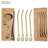 Smoothie Drinking Accessories Straw Tea Filter Cocktail Portable Gold Tea Spoon Reuse Long Metal Straw Spoon 4-piece Multifunctional Stainless Steel Smooth Flow