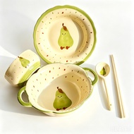Set Perkakas Makan Seramik Comel Buah Pir | Reka Bentuk Buah Kartun Dua Tangan