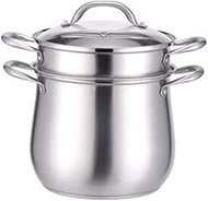 DPWH Stainless Steel Soup Pot High Pot With Lid Steamer, Two-layer Steaming Pot 24cm 26cm + Single Steam Grid (Color : Silver, Size : 2 layers 26cm)