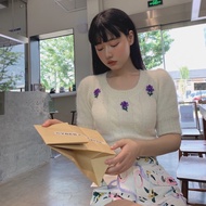 Aless alessandr * Young Alpaca Wool Mohair Hand-Embroidered Daisy Short-Sleeved Sweater Kn