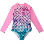 4-12Yrs Girls Mermaid Swimsuit Kids Swimwear Long Sleeve Scales One Piece Swimming Suit