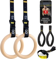 Double Circle Wood Gymnastics Rings with Quick Adjust Numbered Straps and Exercise Videos Guide - Fu