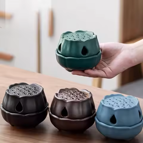 Ceramic handmade carved lotus pod incense burner, multifunctional aroma diffuser for home decoration