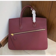 【MiyaBag】Desordre Togo Leather Splicing Handbag Platinum Bag, Red, 30cm