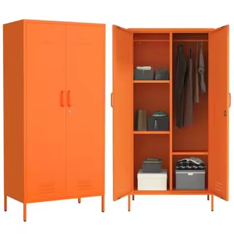 Metal armoire wardrobe closet for bedroom home cloak room gym office, orange steel cabinet with lock