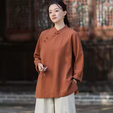 Chinese Style Women Cotton Linen Casual Shirt New 2026 Spring Vintage Frog Button Solid Color Loose 