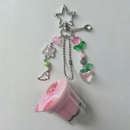 Japanese Pudding Keychain Pink Yellow Egg Flan Charm Y2K Heisei Retro Aesthetic Beaded Accessory