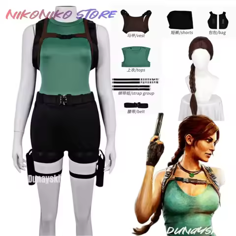 ☀☾◐Lara Croft Cosplay Costume Full Set Green Tank Top Black Shorts with Harness Belt Halloween Adven