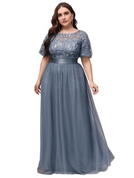 Women's Round Neck Short Sleeves Plus Size A-Line Tulle Sequin Formal Evening Dresses 0904-DA2