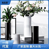 🚓Simple Black and White Straight round Mouth Glass Vase Floor Hydroponic Flower Vase Hotel Model Room Decorative Ornamen